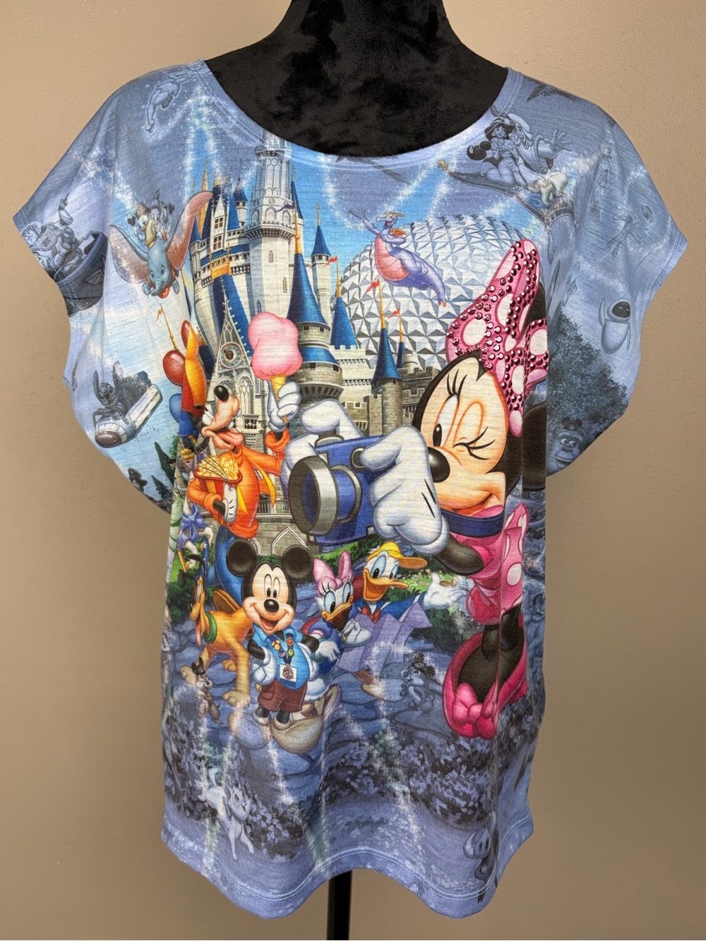 Disney Parks Blue Heathered Dolman Cap Sleeve Top Minnie Camera Castle S EUC AOP - Picture 2 of 16